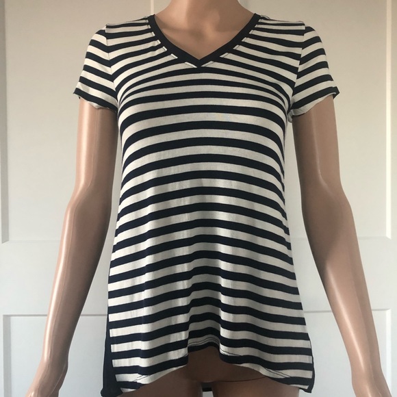 Anthropologie Eri + Ali Brette V-Neck Navy Blue Mixed Stripes Tee T-shirt XXS - Picture 2 of 4